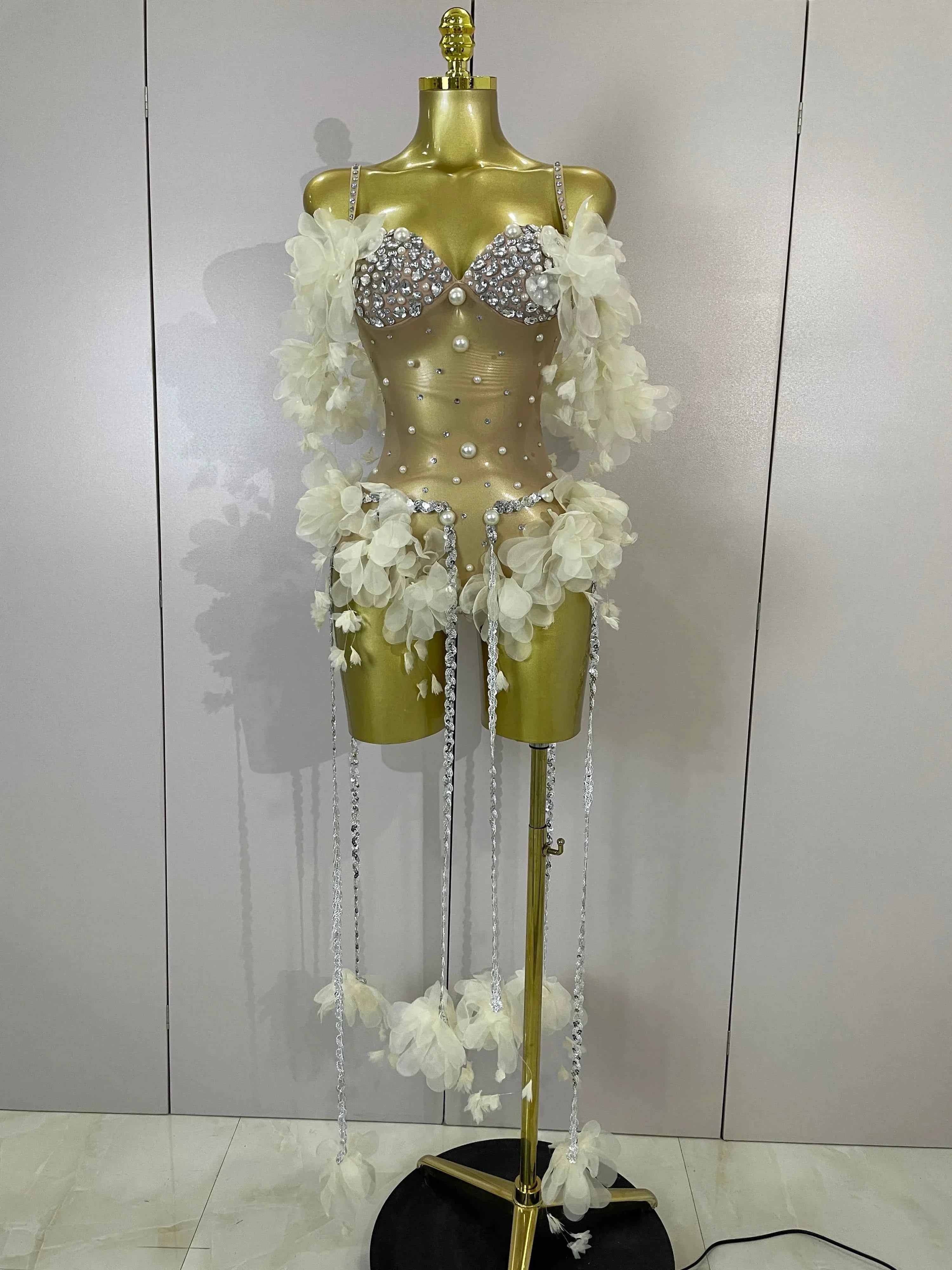 Ebony Sparkly Rhinestones Flower Tassel Mesh Stretch Bodysuit