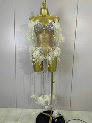 Ebony Sparkly Rhinestones Flower Tassel Mesh Stretch Bodysuit