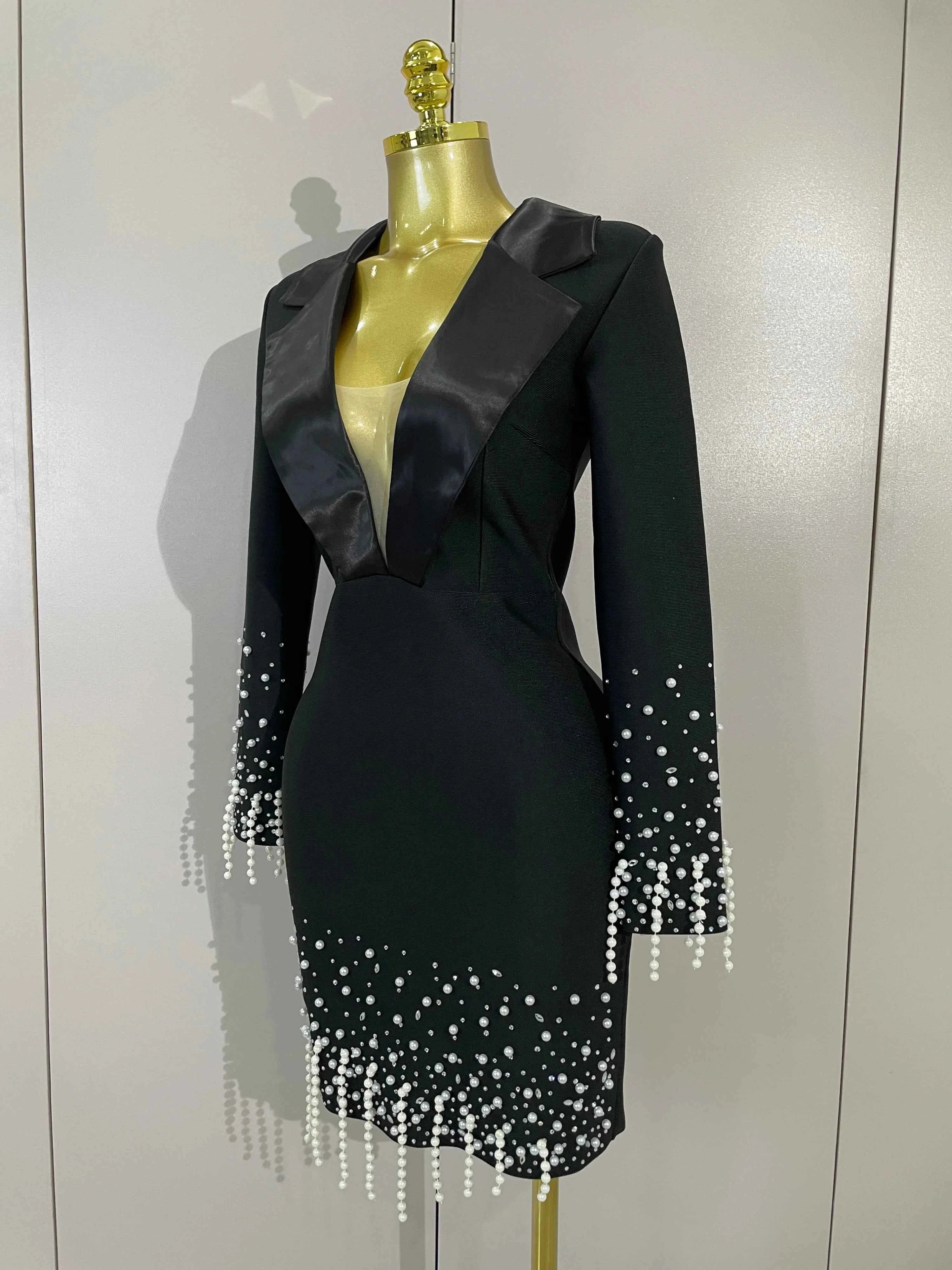 Eva Black V-Neck Pearl Beaded Long Sleeve Bodycon Bandage Dress