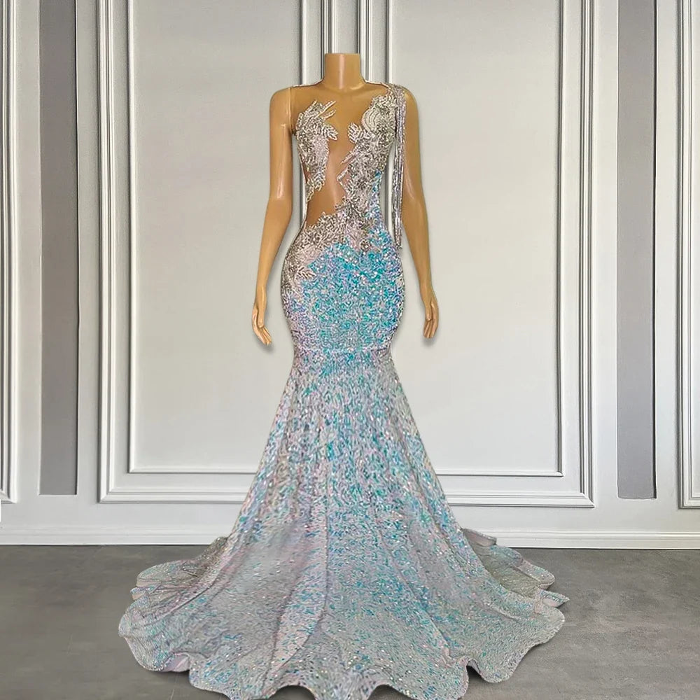 Elegant Iridescent Blue Sequin Crystals Prom Dress