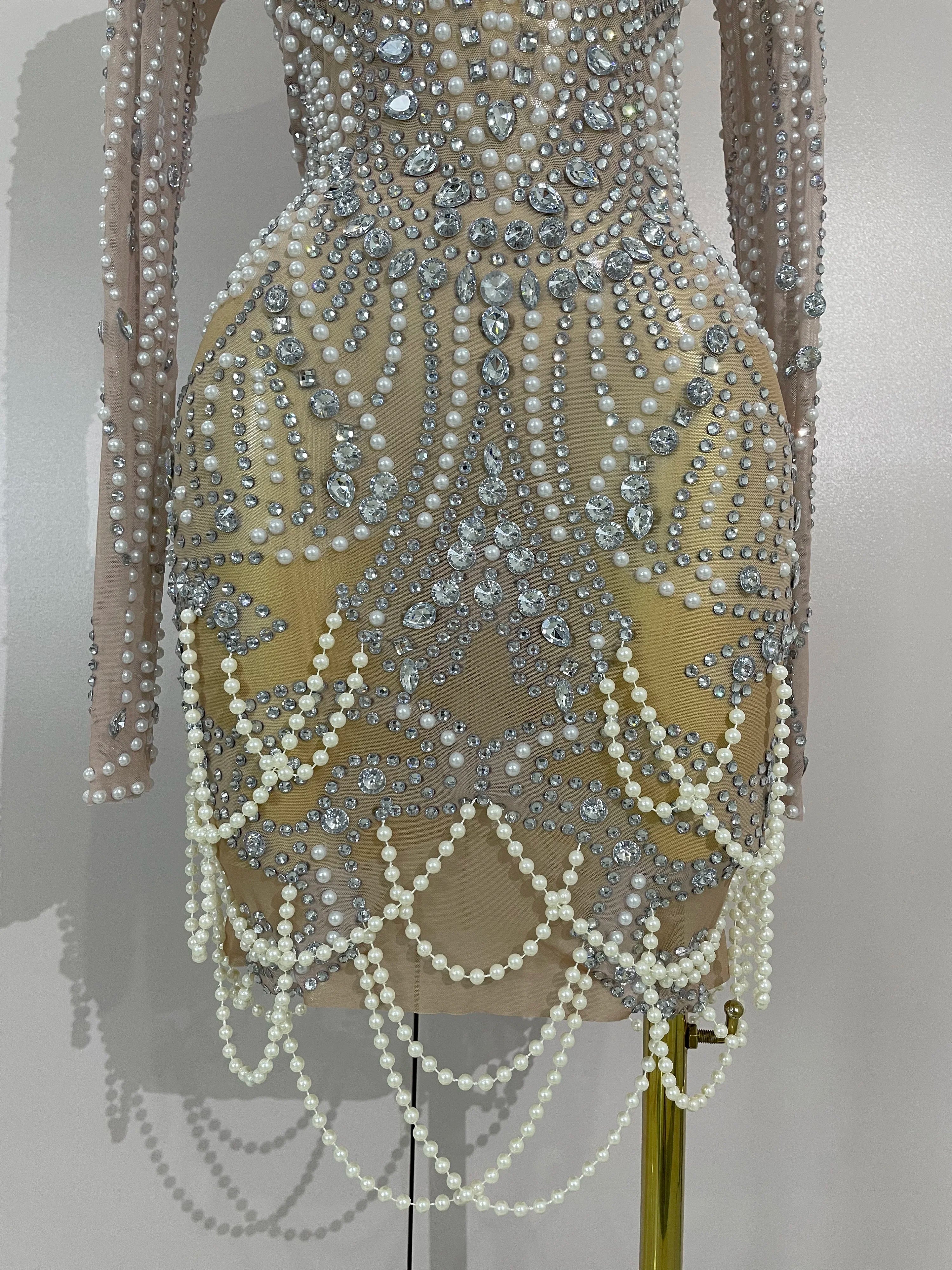 Brenda Short Mesh Dress With Pearls and Sparkling Diamonds - Ready to Ship