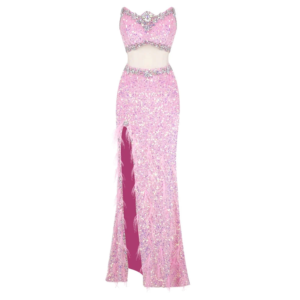 Elara – Pink Sequin Crystal Feather High Slit Gown