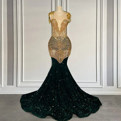 Gold Fringe Rhinestone Dark Green Sequin Mermaid Prom Dress