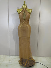 Eva Sexy Halter Sparkly Diamond Golden Mesh Sequin Maxi Dress