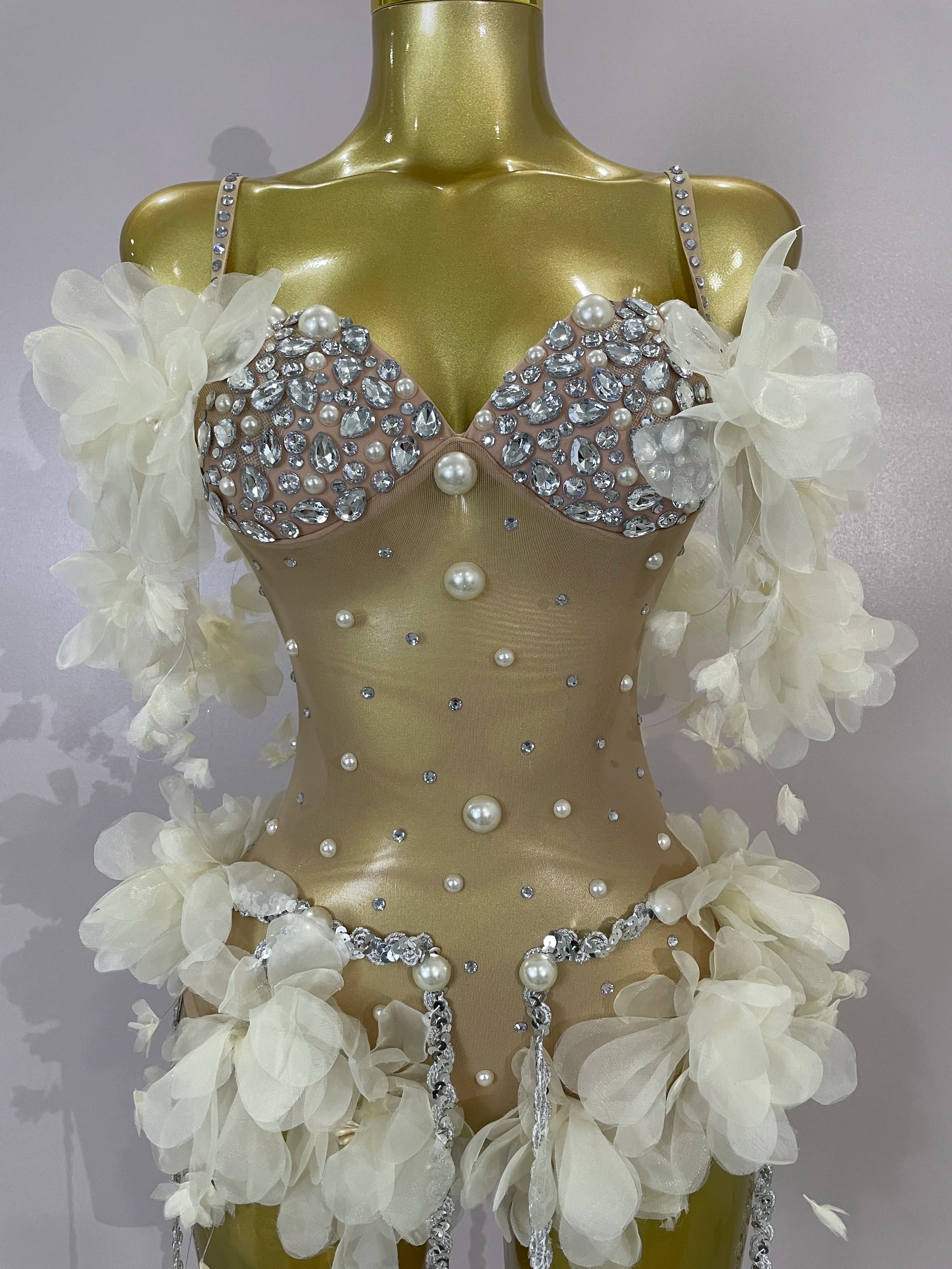 Ebony Sparkly Rhinestones Flower Tassel Mesh Stretch Bodysuit