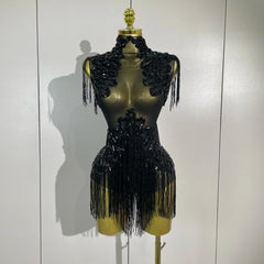 Gabrielle Sparkly Rhinestone Sequin Tassel Mesh See-Through Stretch Bodysuit
