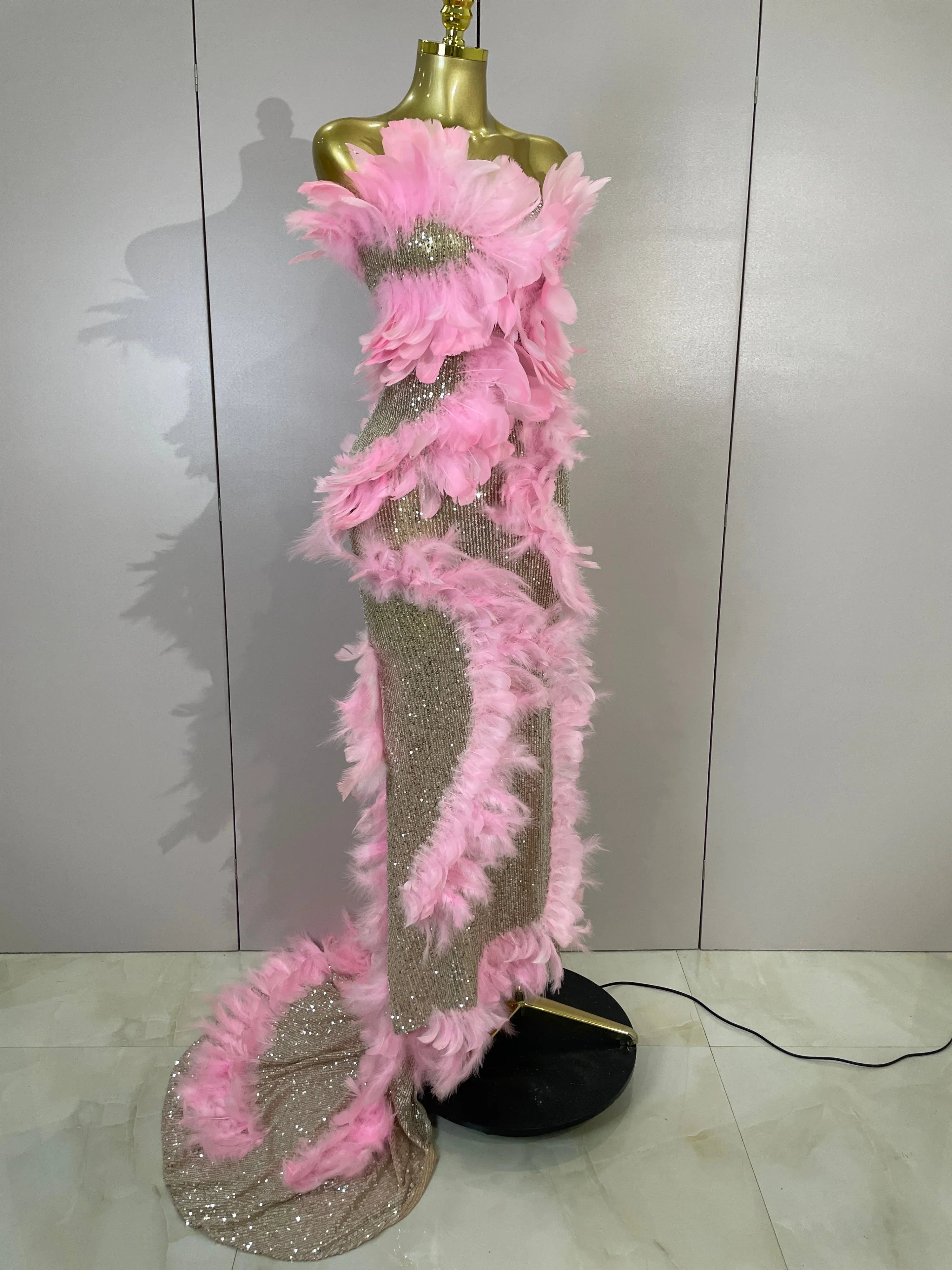 Faye Pink Sequin Feather Mesh Mermaid Maxi Gown