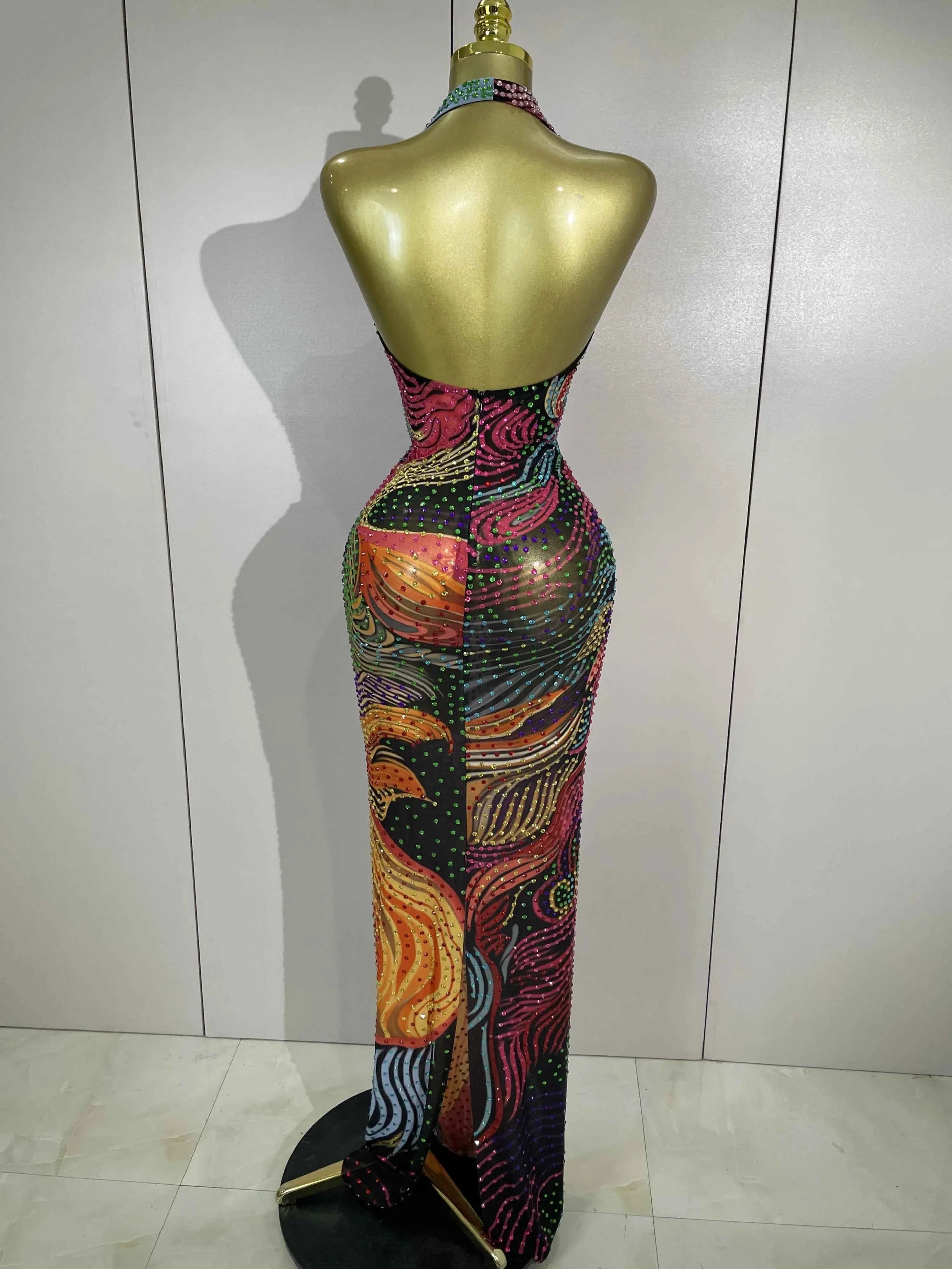 Aviana Colorful Halter Rhinestone Print Long Dress