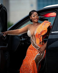 Florals Crystals Orange Mermaid Evening Prom Dress