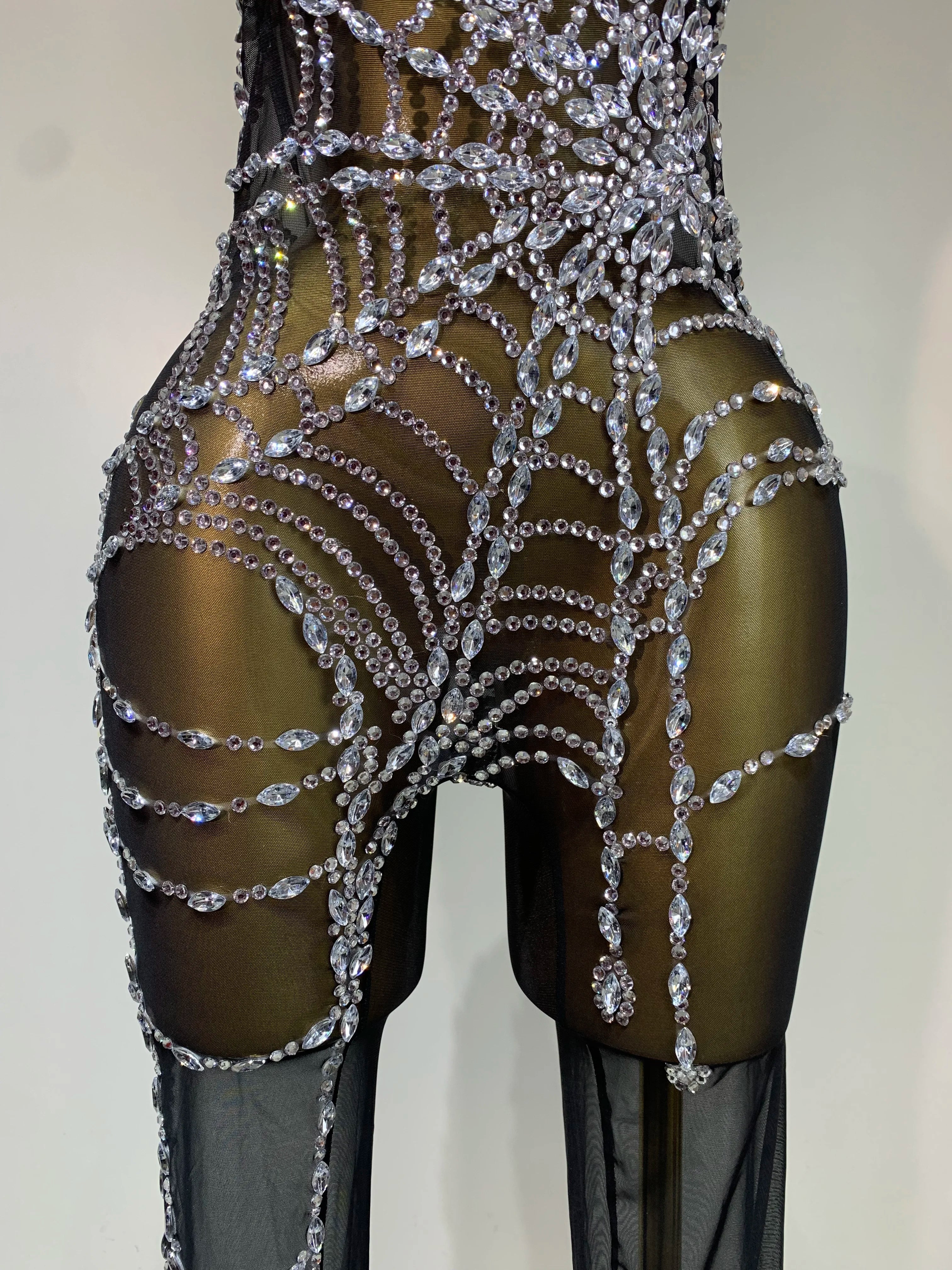 Aisani Sparkly Diamond Sexy Mesh Jumpsuit Outfit