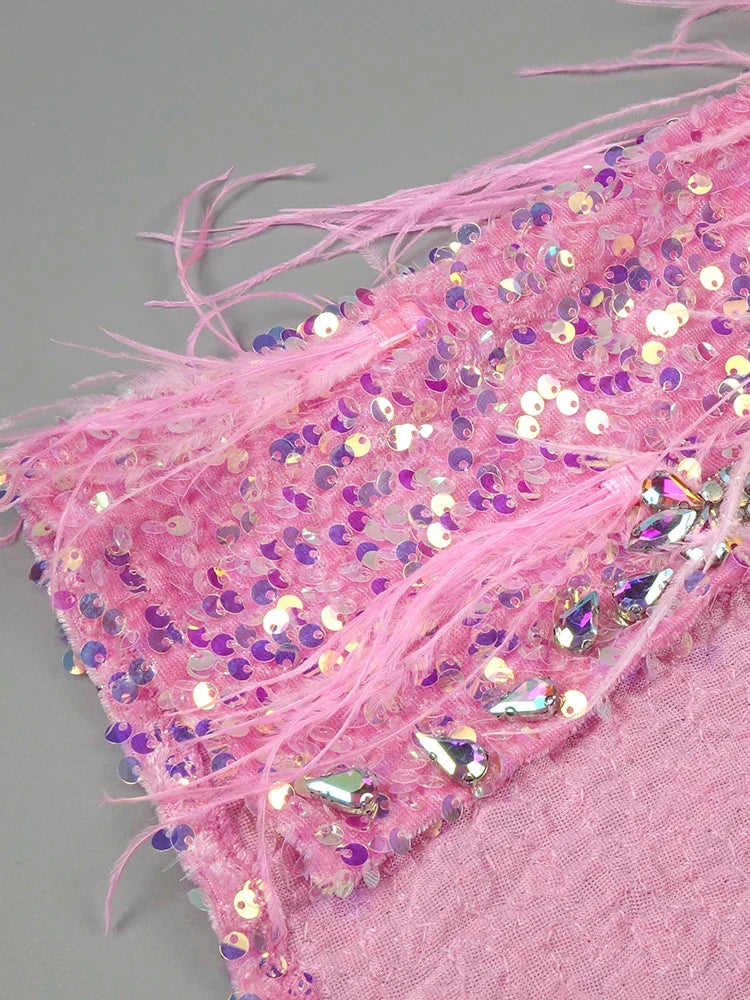 Elara – Pink Sequin Crystal Feather High Slit Gown