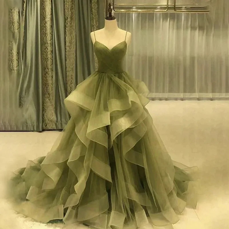 Elegant Long Sexy V-Neck Tiered Evening Dress