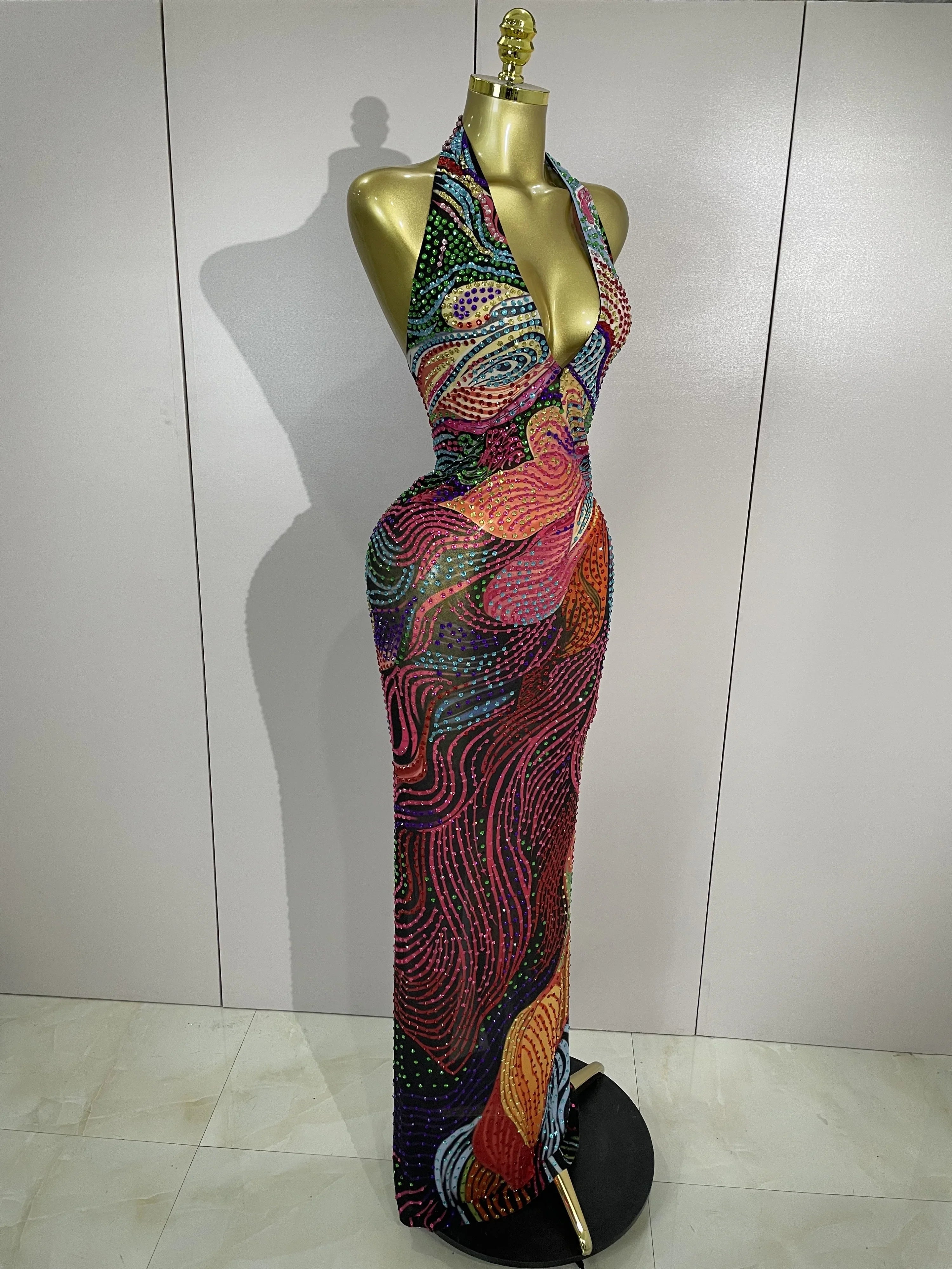 Aviana Colorful Halter Rhinestone Print Long Dress