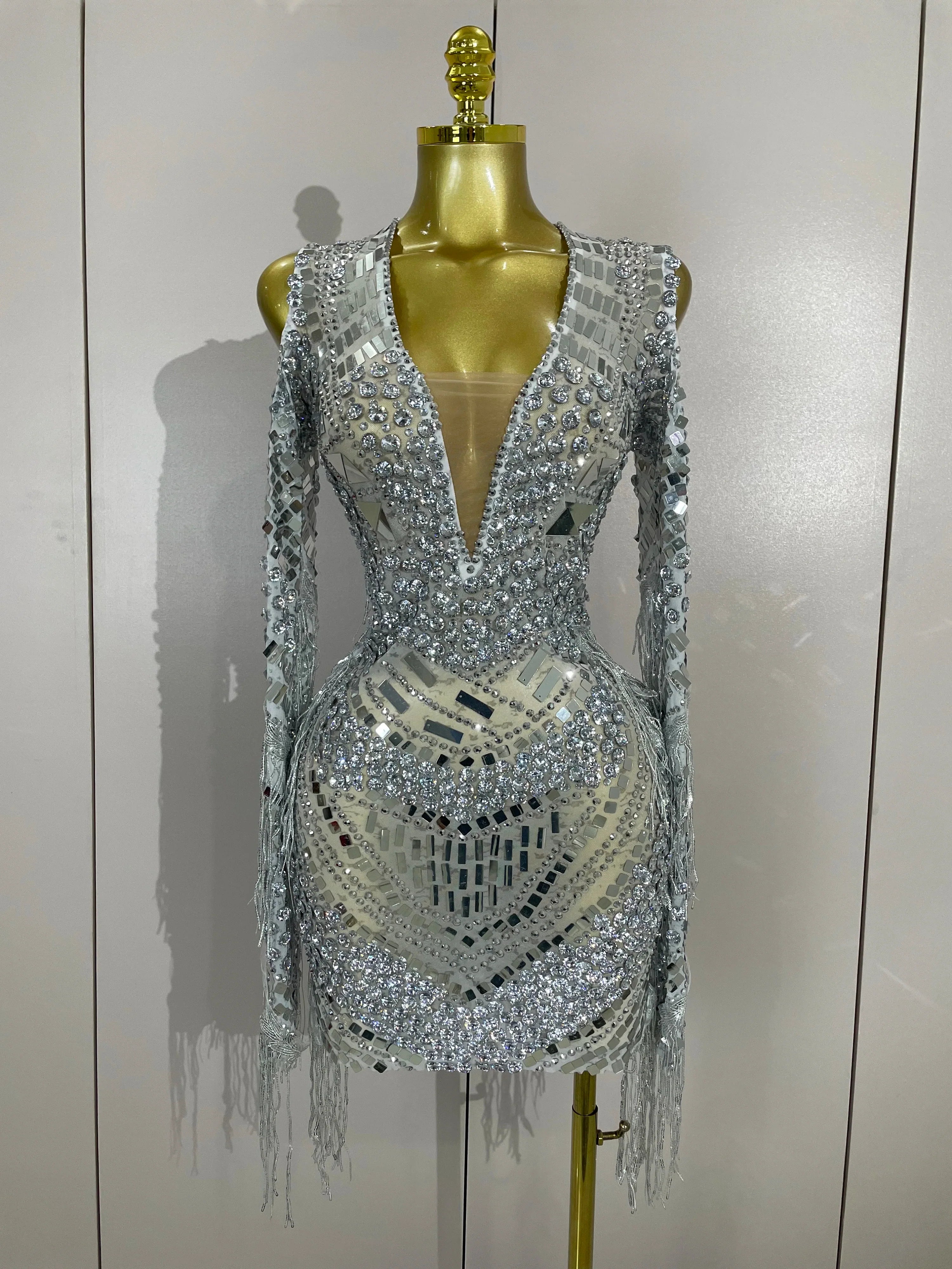 Candice Sparkling Diamond Sequin Tassel Long Sleeve Sheer Mesh Mini Dress