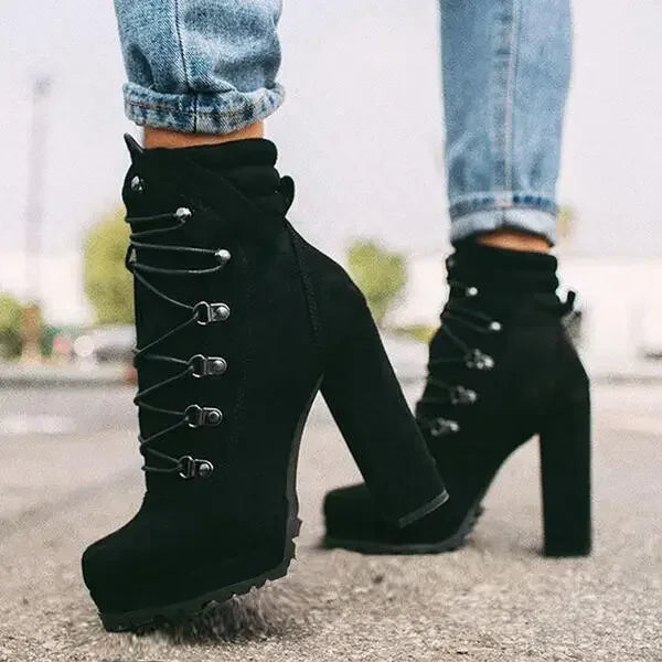 Flock Rivet Square Heel Ankle Boots