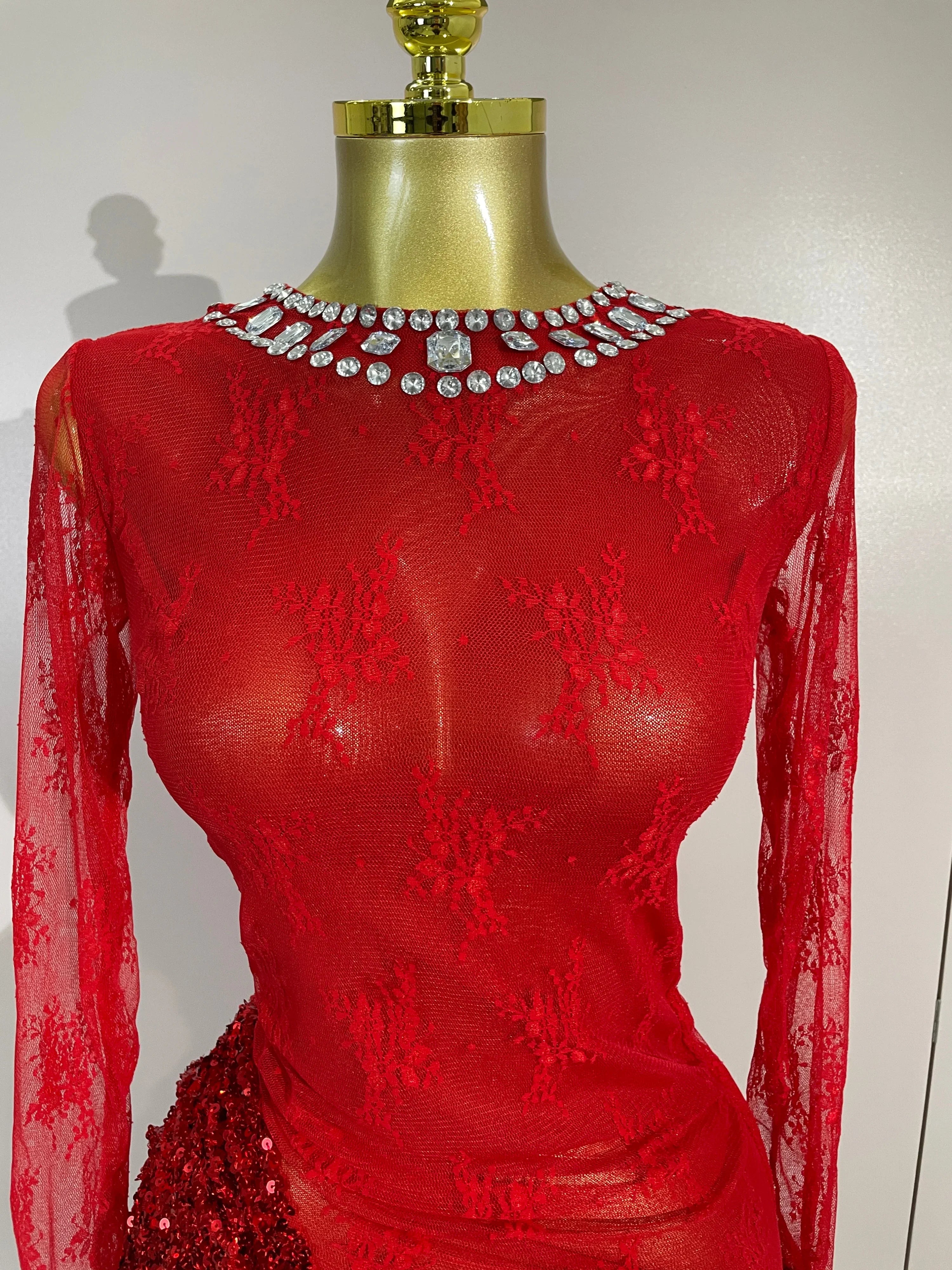 Donna Sparkly Rhinestone Red Sequin Lace Mesh See-Through Mini Dress