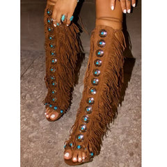 Fringe Cross Strap Stiletto Knee High Boots