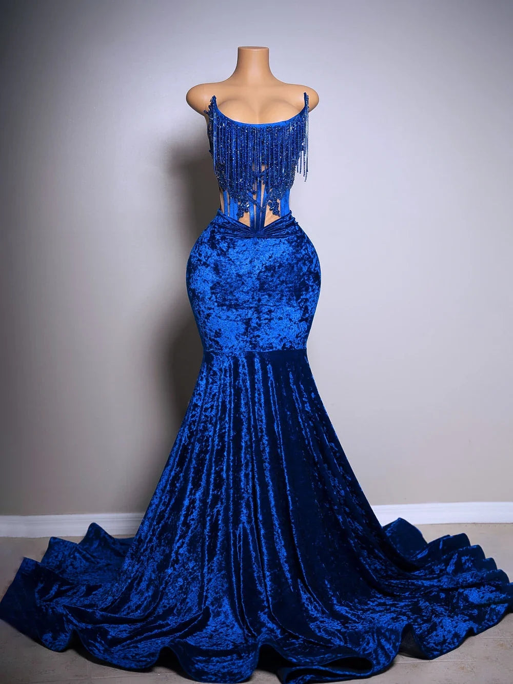 Blue Velvet Strapless Lace-Up Corset Mermaid Prom Dress