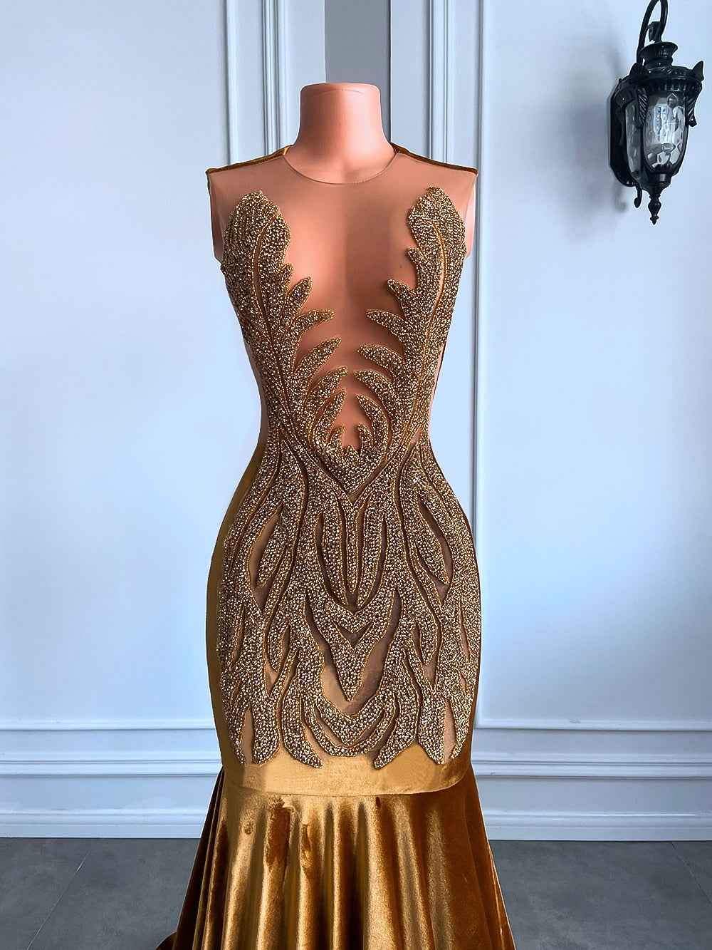 Gold Mermaid Prom Dress - Sheer Top Diamond Velvet Mermaid Gown