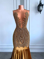 Gold Mermaid Prom Dress - Sheer Top Diamond Velvet Mermaid Gown