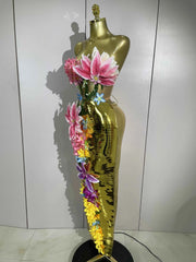 Foxy Elegant 3D Flower Golden Mesh Top Bodycon Two-Piece Set