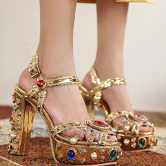 Gold Hollow Buckles Rhinestone Open-Toe Thick Heel Sandals