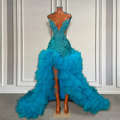 Deep Sky Blue Sparkly Diamond Crystal Ruffle Mermaid Prom Dress with Slit