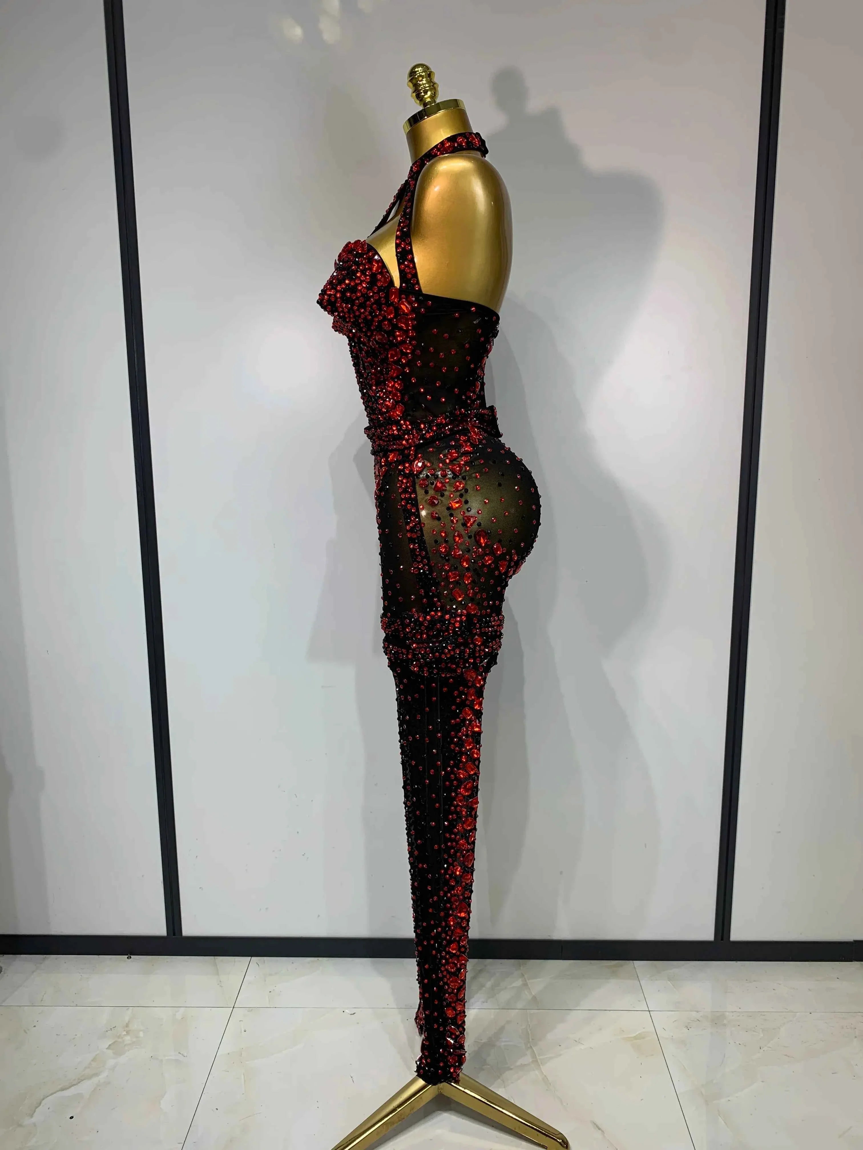 Amanda Backless Red Rhinestone Black Mesh Bodycon Jumpsuit