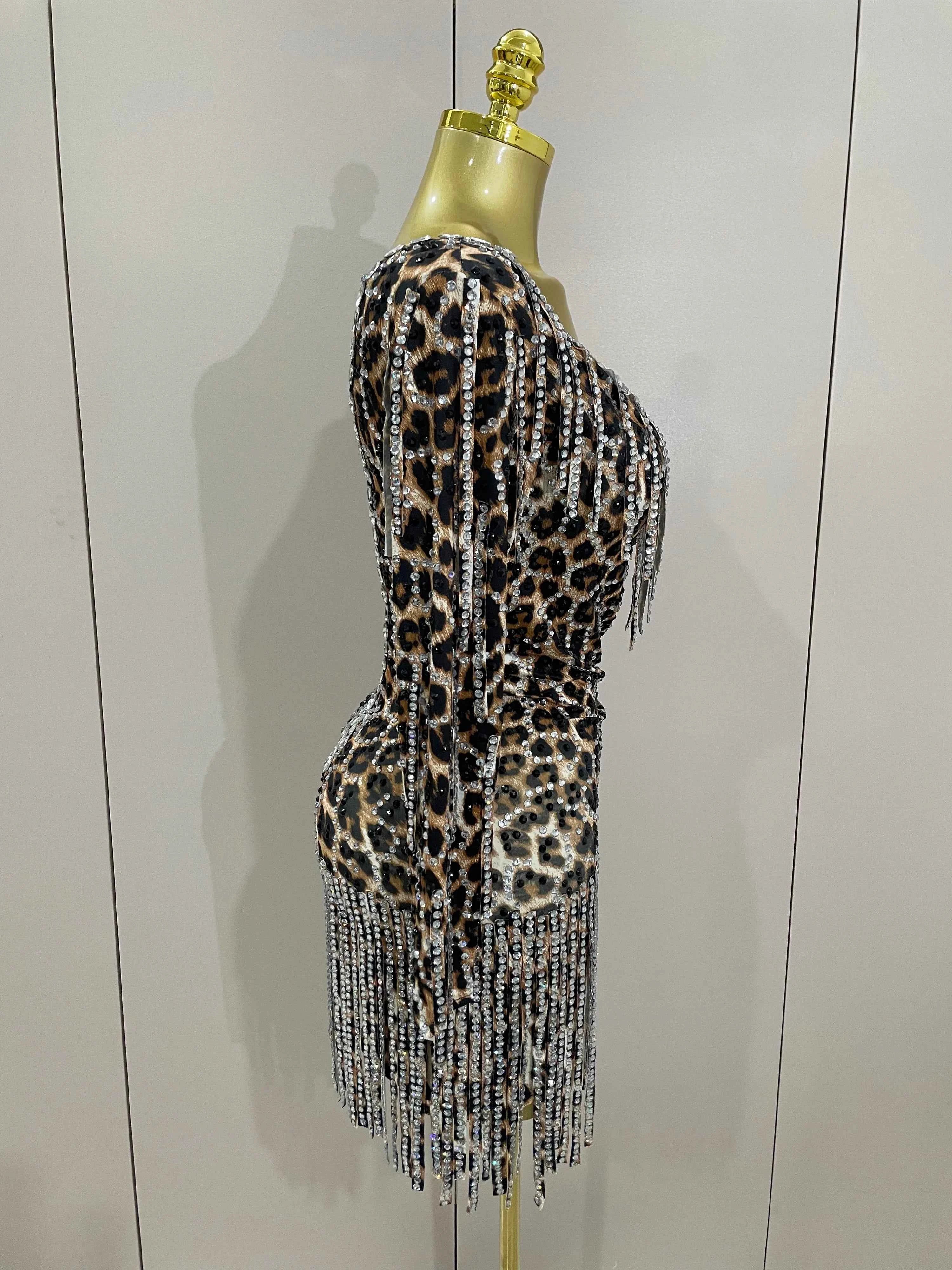 Daniela One-Shoulder Leopard Print Rhinestone Tassel Mini Dress