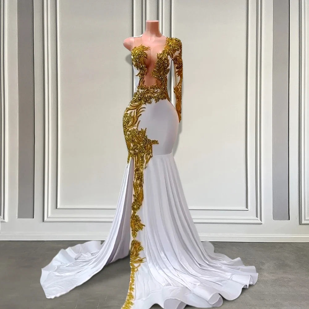 Elegant White Mermaid Luxury Gold Crystal Split One Shoulder Prom Dress