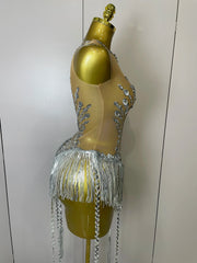 Desiree Silver Sequin Diamond Mesh Tassel Bodysuit