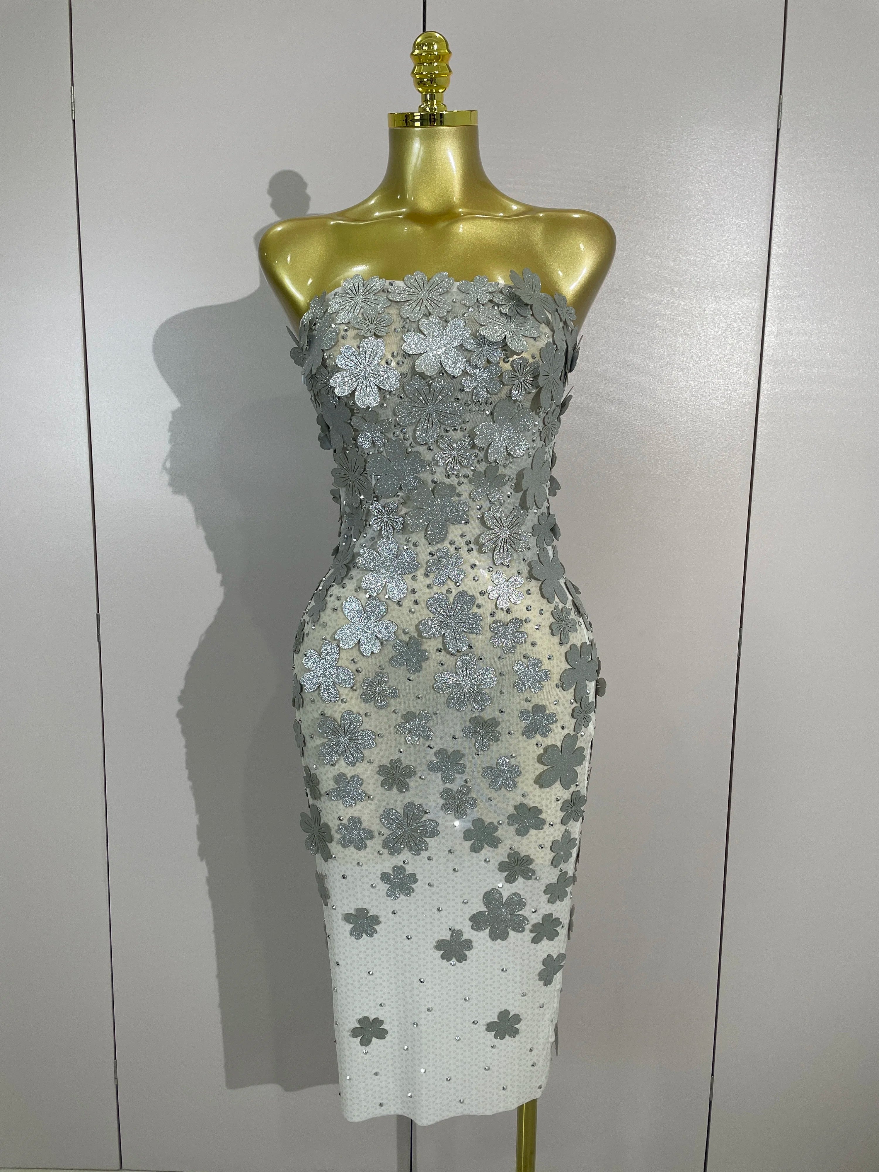 Emme Sequin Flower Diamond Strapless Mesh Dress