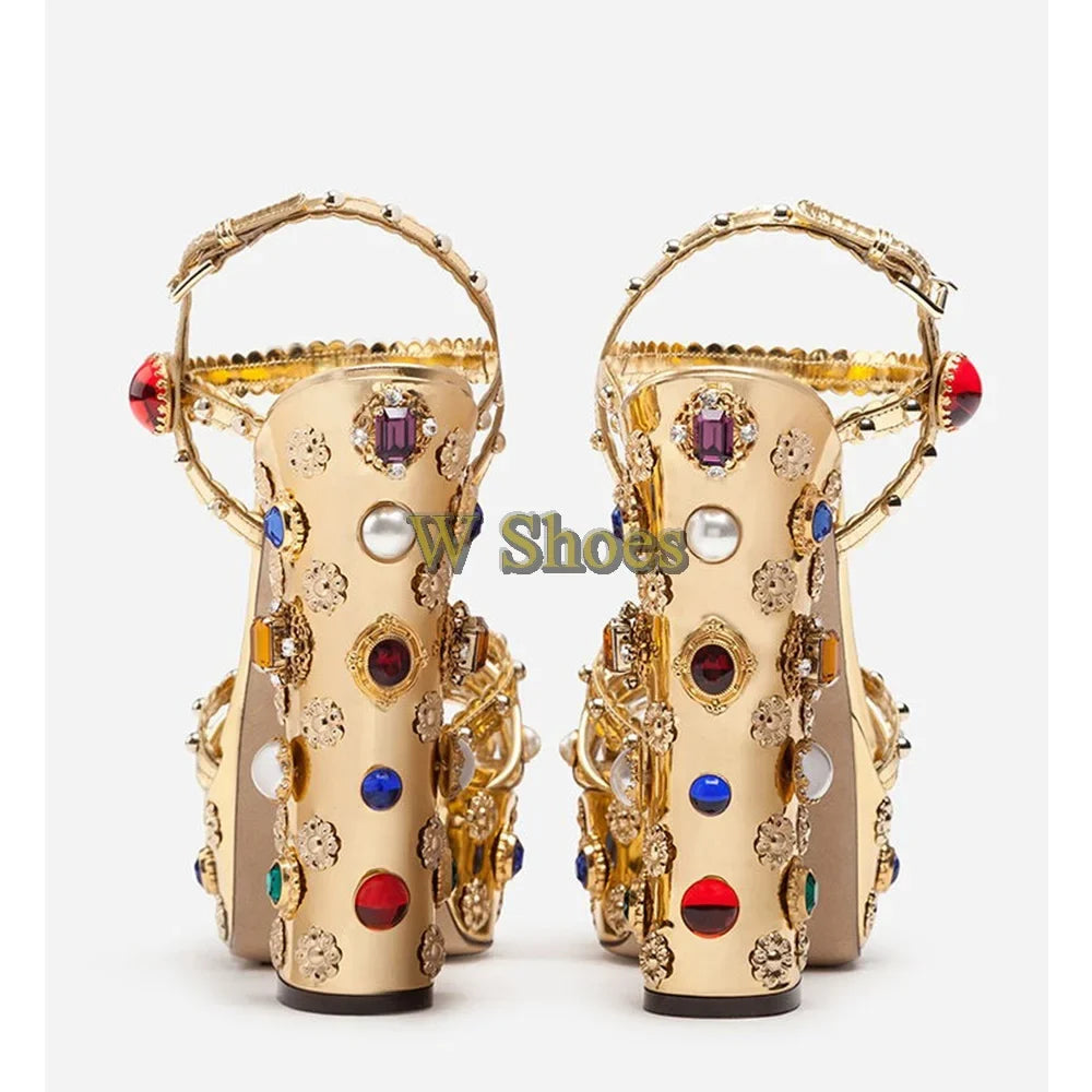 Gold Hollow Buckles Rhinestone Open-Toe Thick Heel Sandals