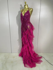 Gabrielle Rhinestone Fringe Backless Sheer Maxi Dress