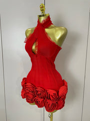 Cleo Sexy Halter Red Floral Lace Bodycon Mini Dress