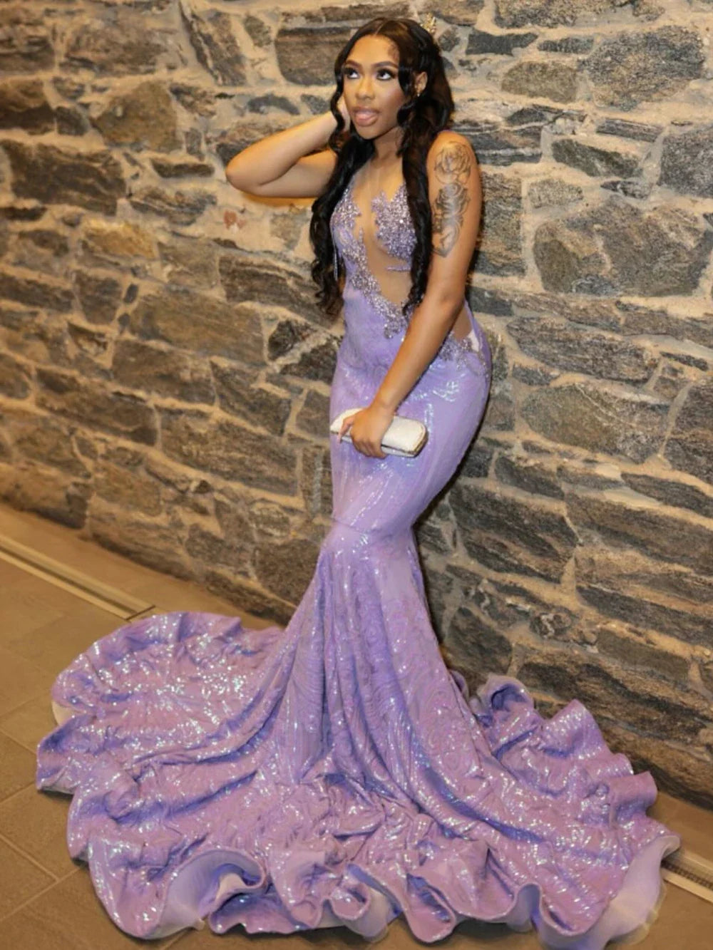 Crystals Beaded Lavender Fitted Sparkling Sequin Prom Dress