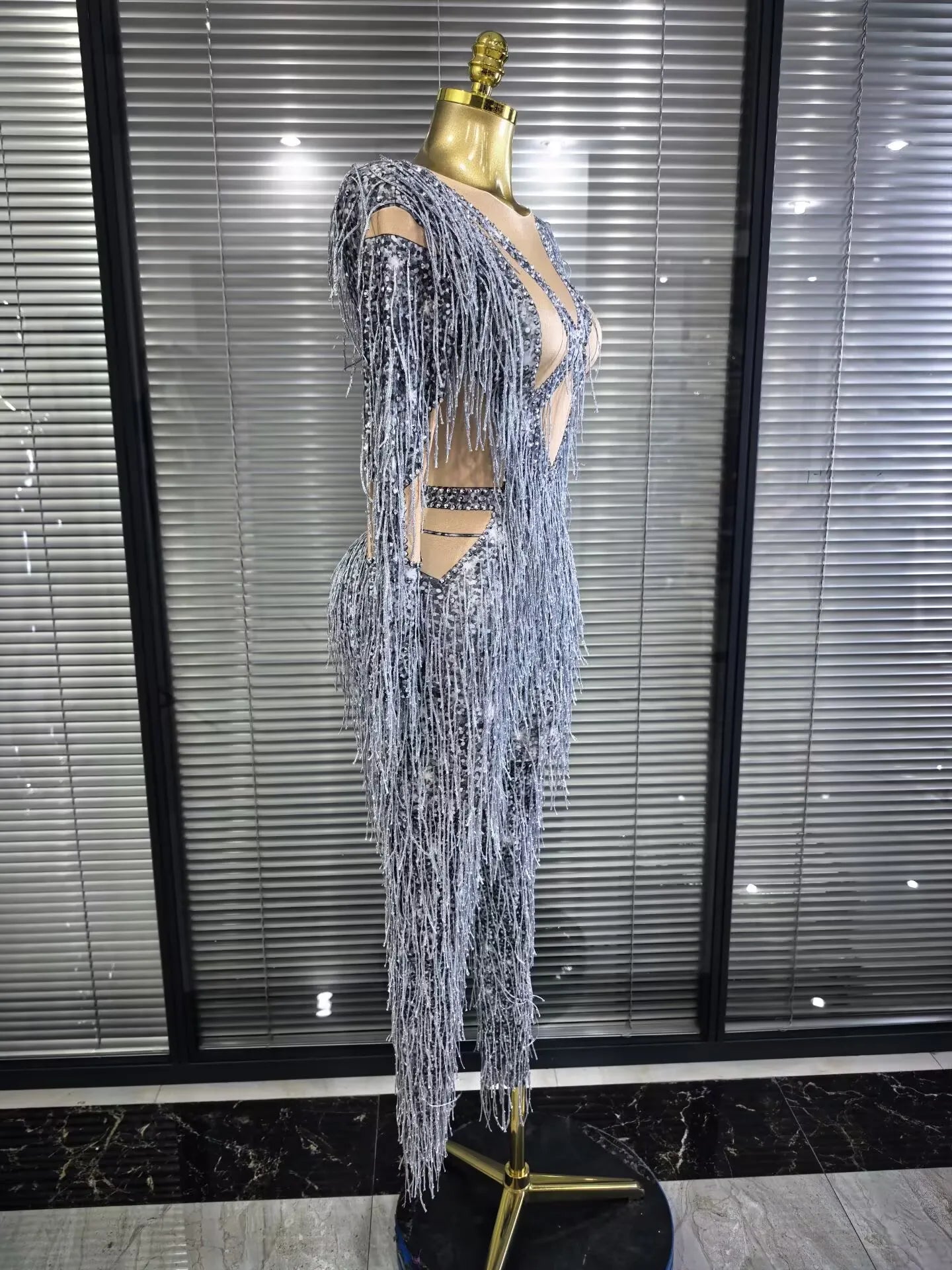 Aleah Long Sleeve High-Stretch Fringe Bodycon Jumpsuit