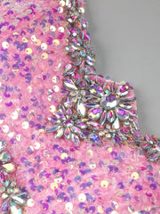 Elara – Pink Sequin Crystal Feather High Slit Gown