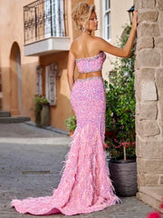 Elara – Pink Sequin Crystal Feather High Slit Gown