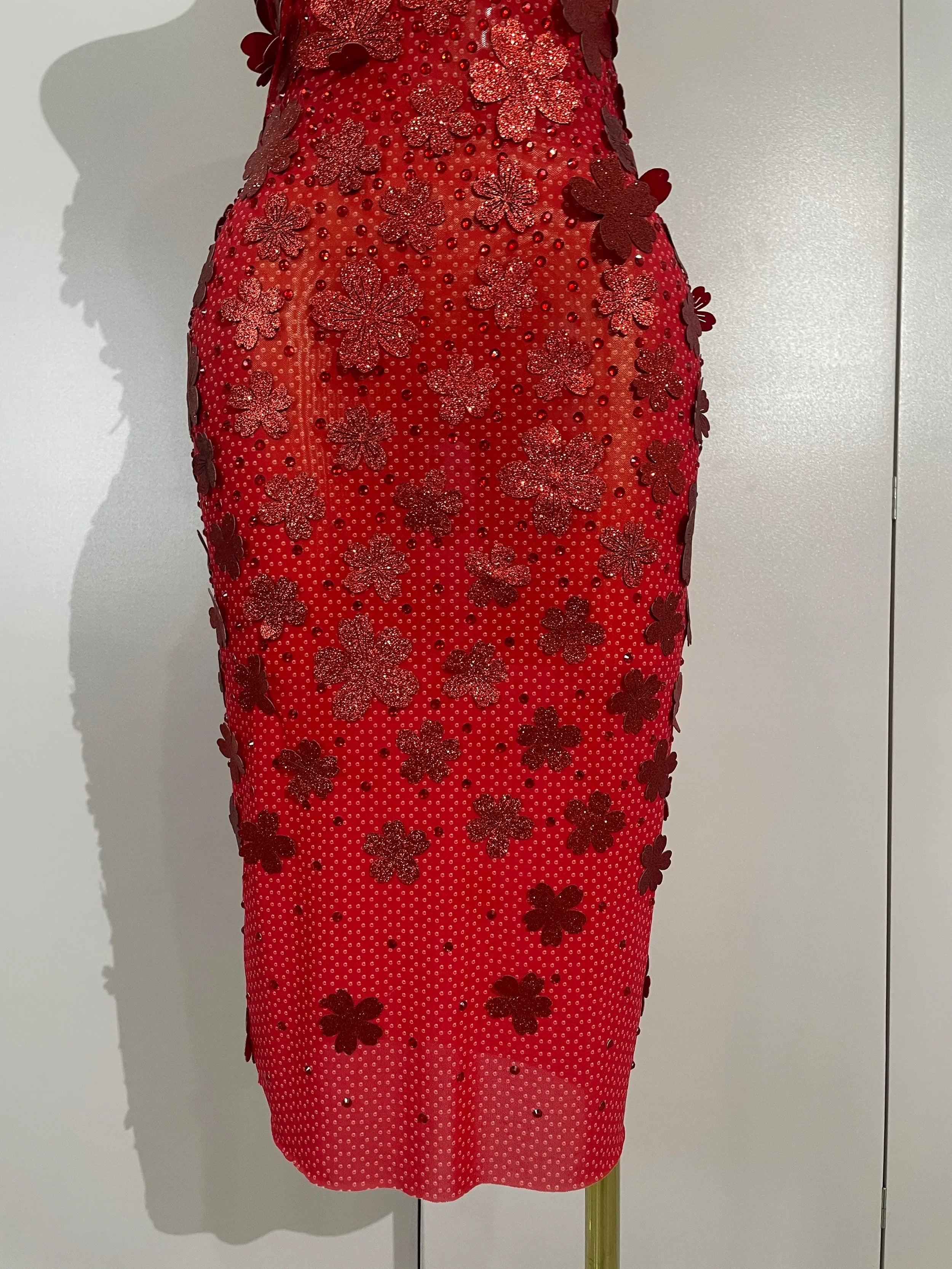 Emme Sequin Flower Diamond Strapless Mesh Dress
