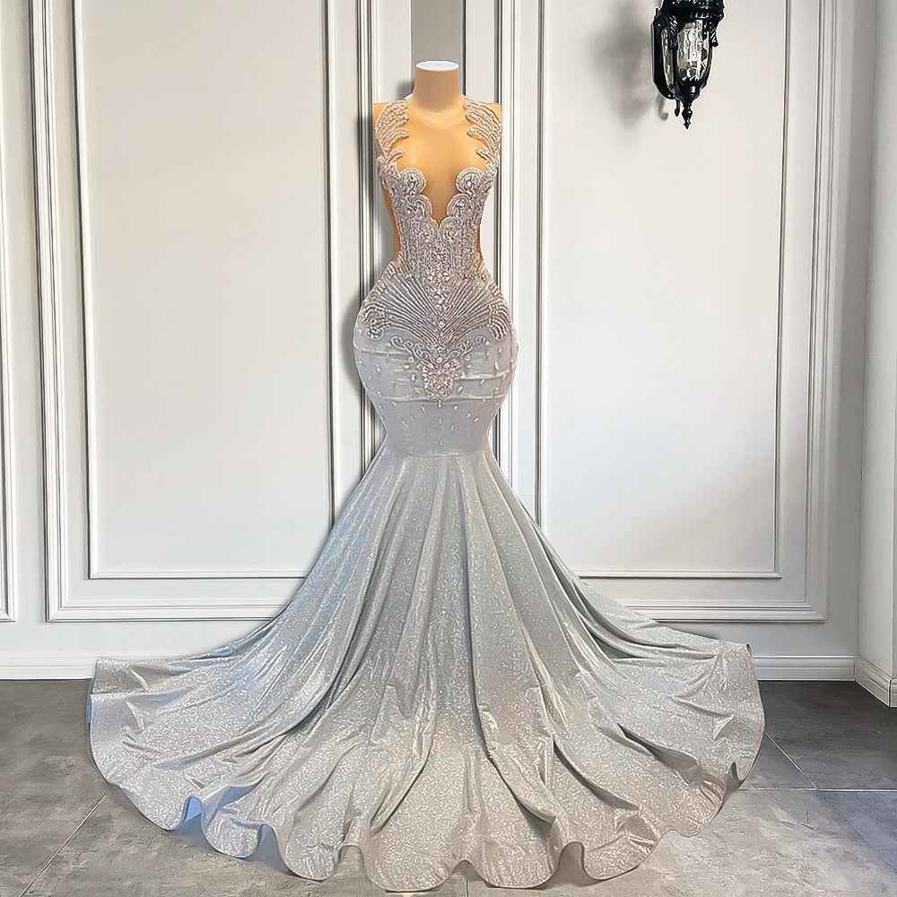 Exquisite Silver Luxury Mermaid Prom Dress with Diamond Accents