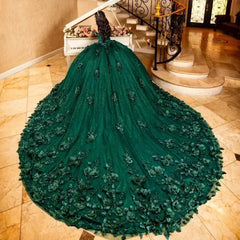 Emerald Green Glitter Quinceañera Dress with 3D Flowers & Pearls