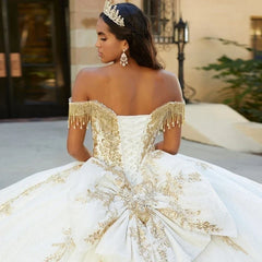 Gold Lace Applique Beads Quinceañera Dress