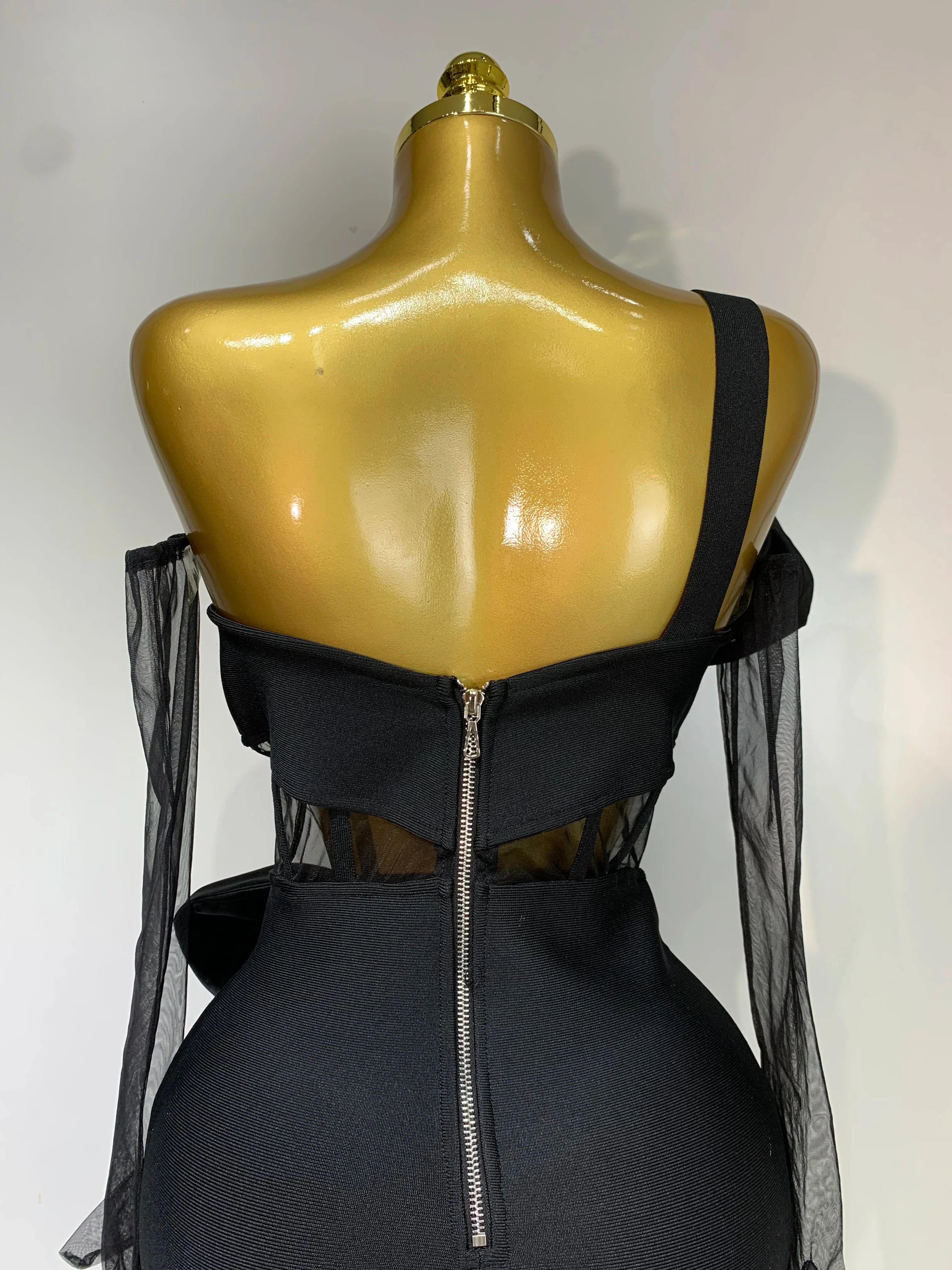 Diana One-Shoulder Bow Mesh Bodycon Dress with Gloves