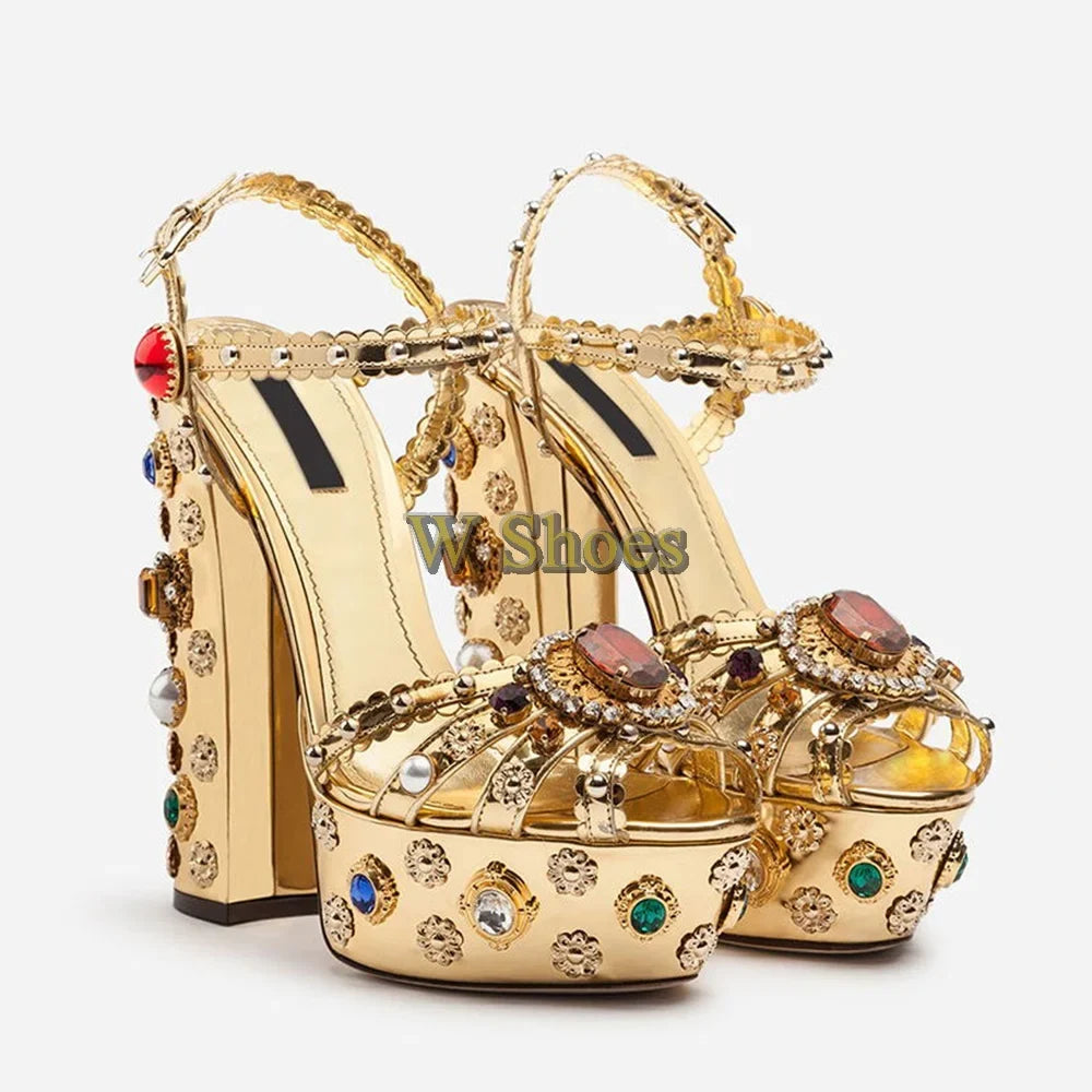 Gold Hollow Buckles Rhinestone Open-Toe Thick Heel Sandals