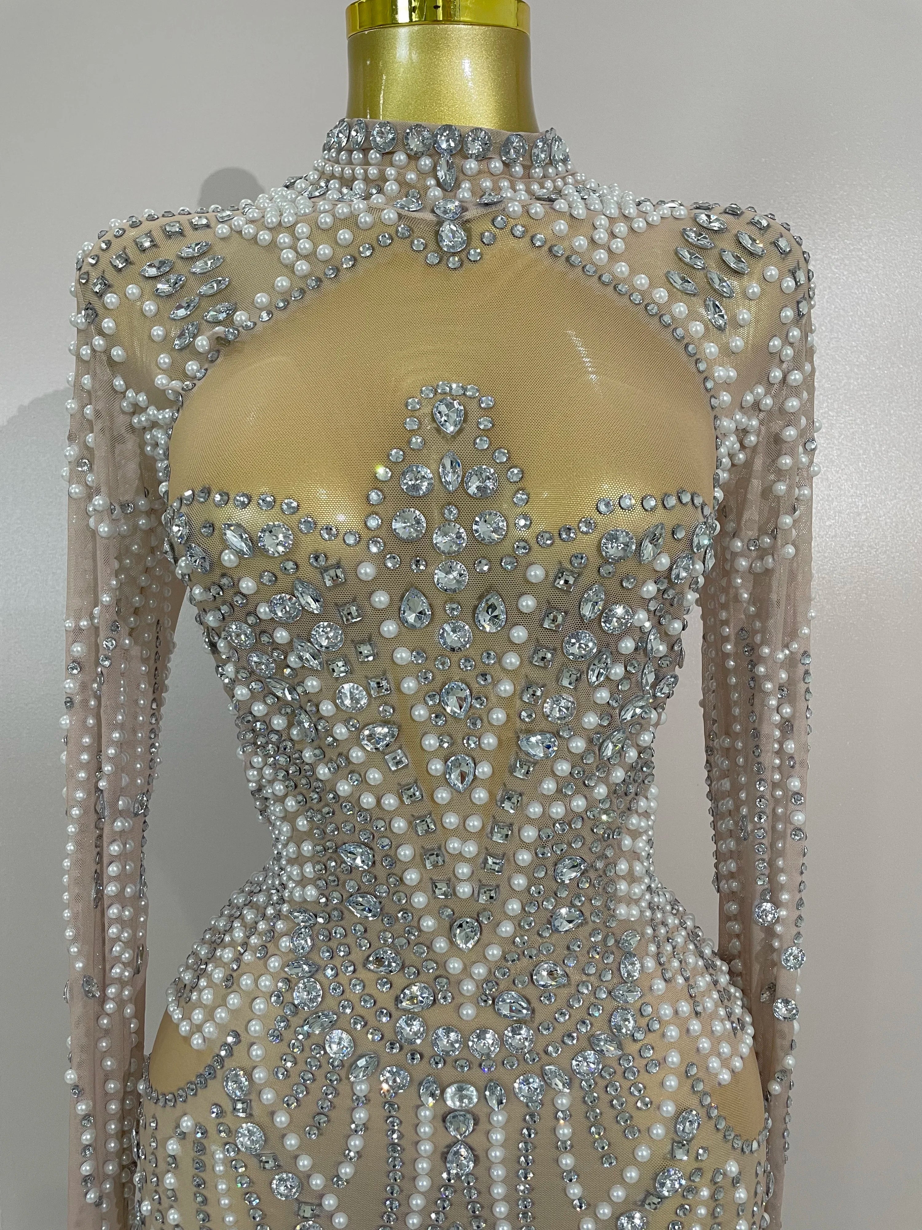 Brenda Short Mesh Dress With Pearls and Sparkling Diamonds - Ready to Ship