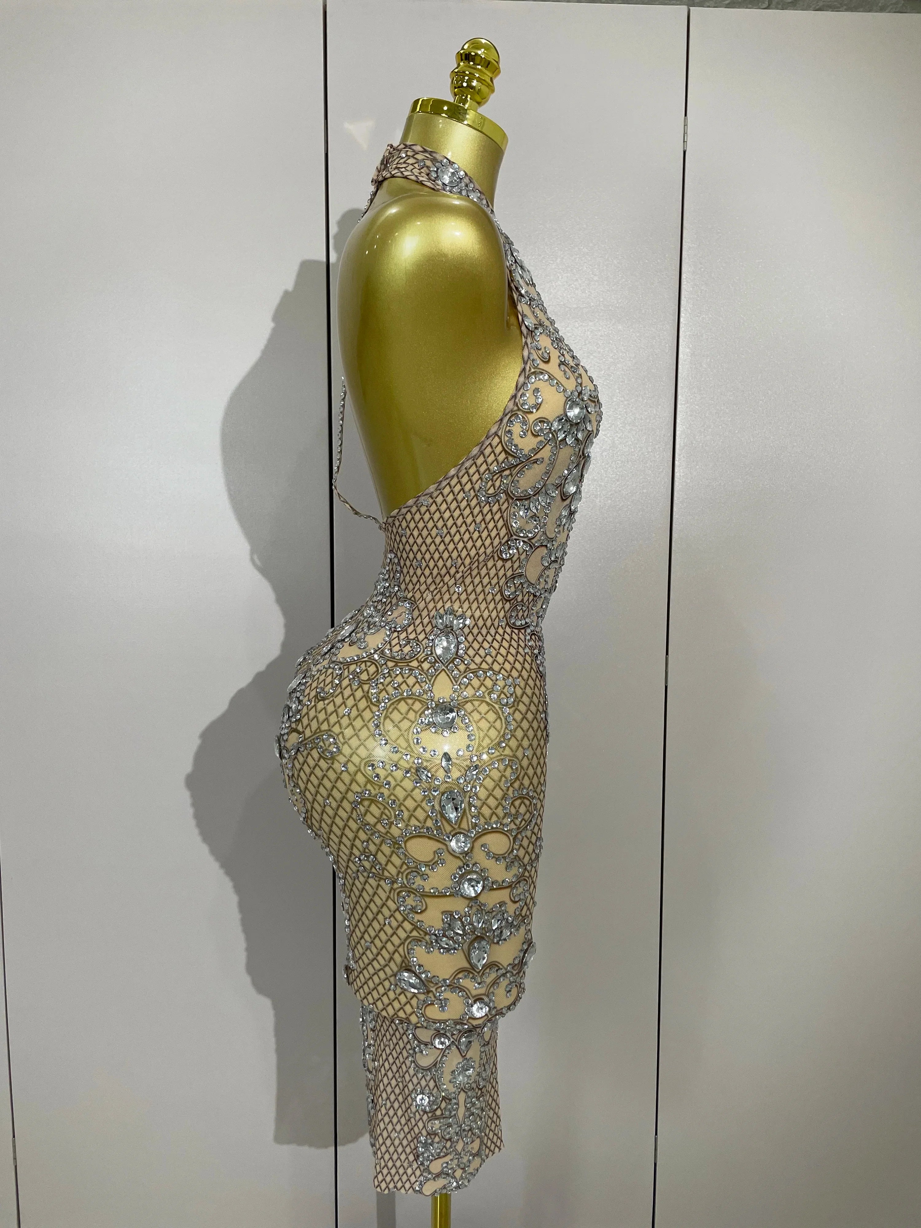 Amelise Sparkly Crystal Diamonds See Through Mesh Dress