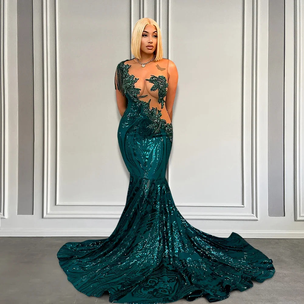 Elegant Green Mermaid Beaded Crystals Prom Dress