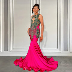 Green & Gold Embroidered Crystals Bodice Hot Pink Mermaid Prom Dress