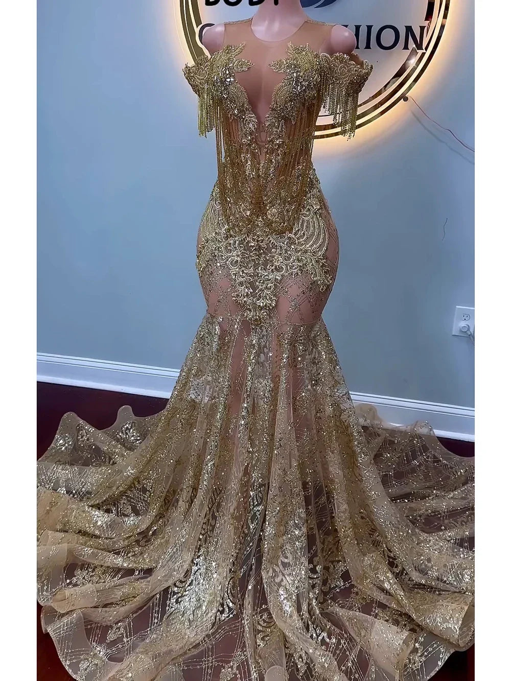 Gold Glitter Lace Diamond Crystal Rhinestone See-Through Mermaid Prom Dress